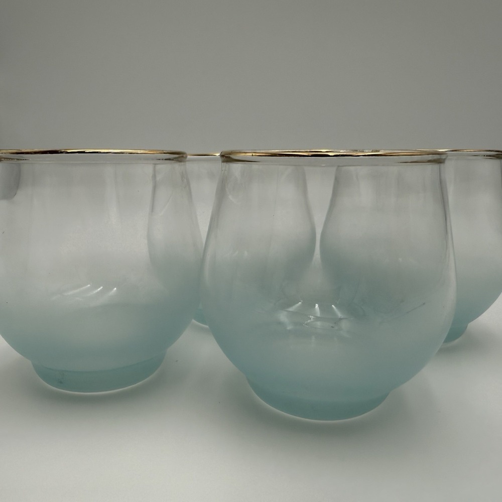 Set Of 4 Vtg Blendo Aqua Cocktail Bar Server with Roly Poly Glass Gold‎ Trim